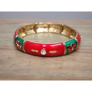 Joyland Enamel Rhinestone Stretch Bracelet Christmas Wreath & Holly